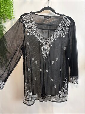 Alfani Black Sheer Mesh Tunic with White Embroidery